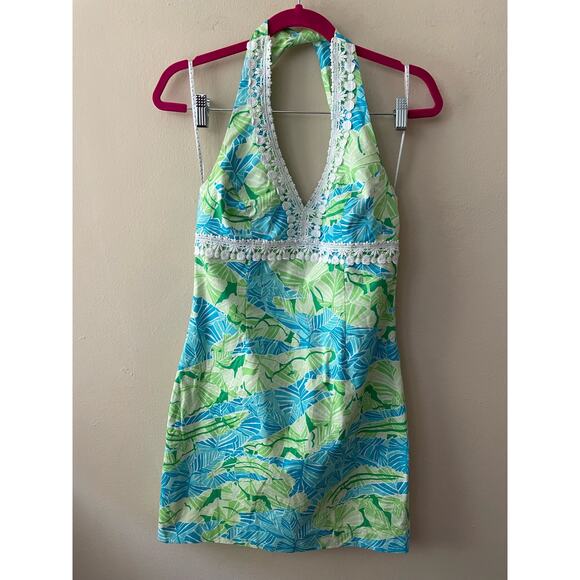 Lilly Pulitzer Dresses & Skirts - Lilly Pulitzer Pink Label Size 2 Blue & Green Leaf Halter Dress